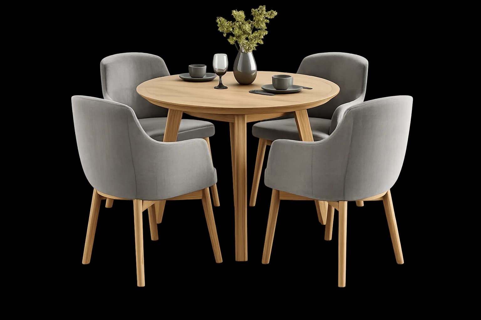 Elegant wooden dining table set with four upholstered gray chairs and a center vase
