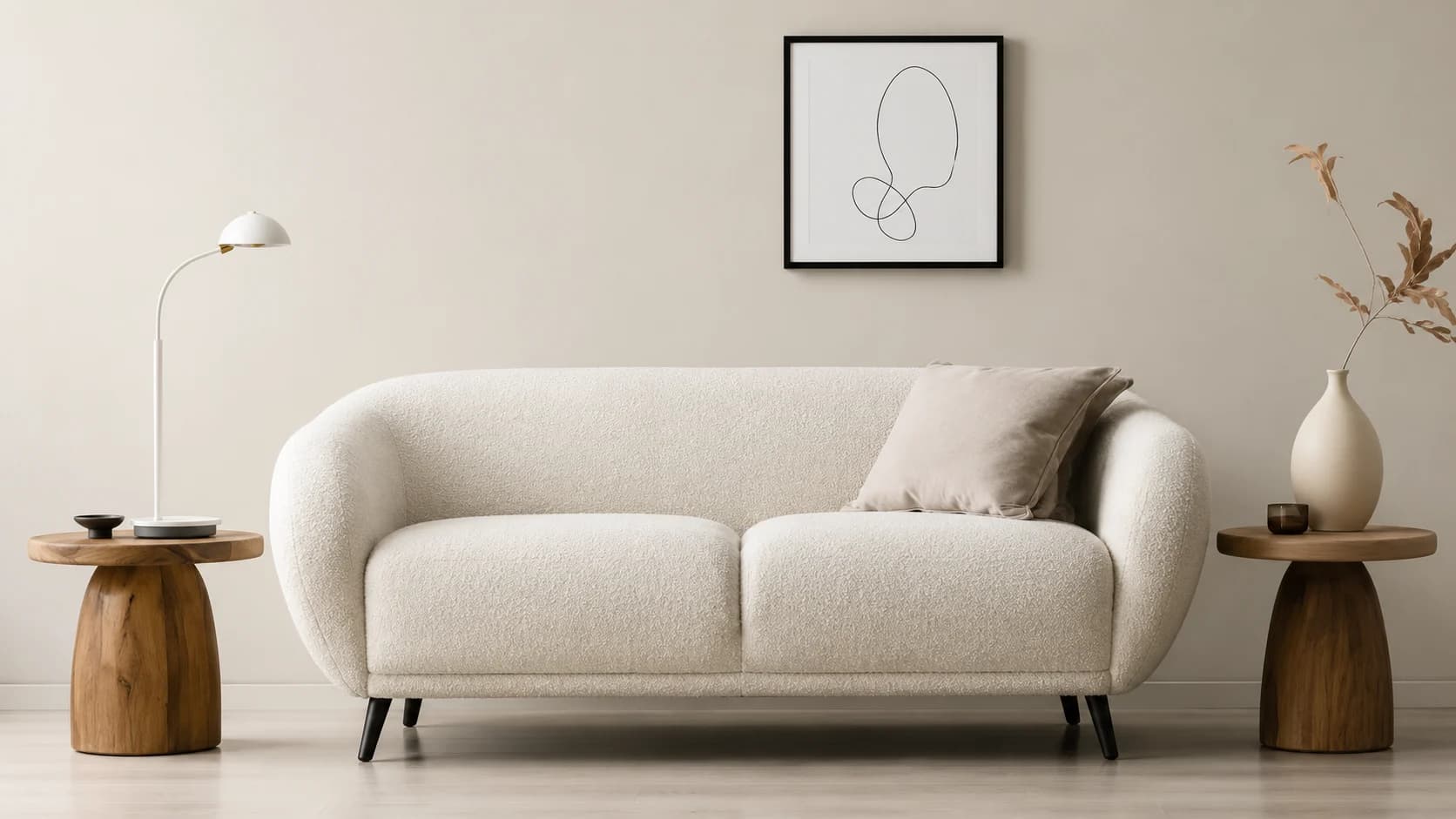 Modern living room showcasing minimal design with a white sofa and elegant decor